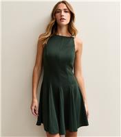 Women's Dark Green Pleated Skater Mini Dress New Look