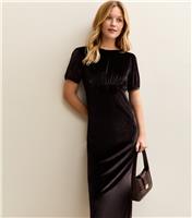 Women's Dark Brown Velvet Puff Sleeve Midi Dress New Look