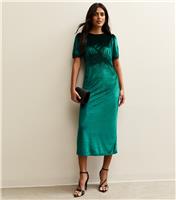 Women's Dark Green Velvet Puff Sleeve Midi Dress New Look