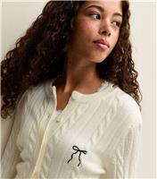 Girls' Cream Embroidered Bow Cable Knit Cardigan New Look