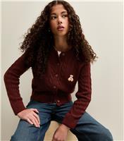 Burgundy Cable Knit Bear Embroidered Cardigan New Look