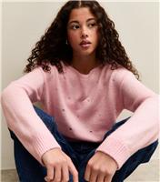 Girls' Light Pink Diamante Slash Neck Jumper New Look