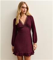 Women's Dark Burgundy Lace Trim long Sleeve Mini Dress New Look
