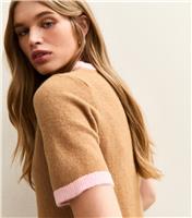 Women's Camel and Pink Knit Contrast Rib T-Shirt New Look