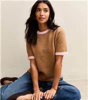 Women's Petite Camel Midweight Knit Contrast Tipping Top New Look