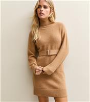 Women's Petite Camel Belted Knit Mini Dress New Look