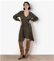 Women's Khaki Leopard Smock Hanky Hem Dress Apricot New Look