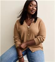 Women's Plus Size Camel V-Neck Boyfriend Cardigan Curves New Look
