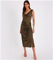 Women's Khaki Cowl Neck Ruched Dress Quiz New Look