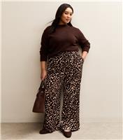 Women's Plus Size Brown Patterned Wide Leg Trousers Curves New Look