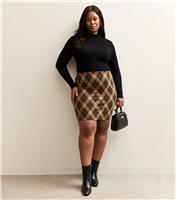 Women's Plus Size Brown Checked Jacquard Tube Skirt Curves New Look