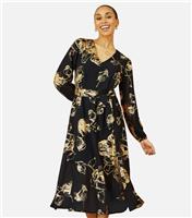 Women's Black Foil Long Sleeve Midi Dress Yumi New Look