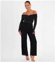 Women's Petite Black Rhinstone Bardot Jumpsuit Quiz New Look