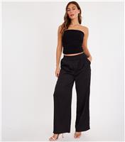 Women's Black Satin Diamante Wide Leg Trousers Quiz New Look