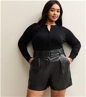 Women's Plus Size Black Faux Leather Belted Shorts Curves New Look