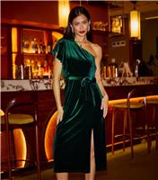 Women's Dark Green Velvet One Shoulder Midi Dress Yumi New Look