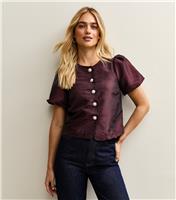 Women's Dark BurgundyTaffeta Puff Sleeve Top New Look