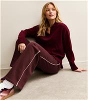 Women's Dark Burgundy Side Stripe Wide Leg Joggers New Look