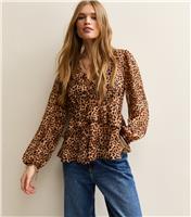 Women's Brown Animal Print V Neck Chiffon Tea Blouse New Look