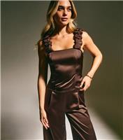 Women's Mid Brown Satin Ruched Strap Cami New Look