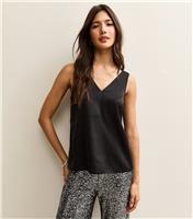Women's Black Satin V-Neck Top New Look