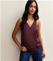 Women's Dark Burgundy Satin V-Neck Top New Look