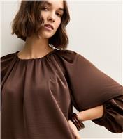 Women's Brown Satin Gathered Crop Sleeve Blouse New Look