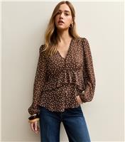 Women's Dark Brown Polka Dot V- Neck Chiffon Tea Blouse New Look