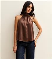 Women's Brown Soft Touch Satin Halter Neck Blouse New Look
