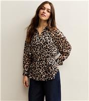 Women's Petite Brown Animal Print Belted Shirt New Look
