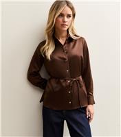 Women's Petite Brown Satin Skinny Belted Shirt New Look
