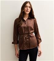 Women's Mid Brown Soft Touch Satin Belted Shirt New Look
