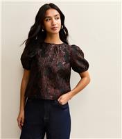 Women's Petite Dark Burgundy Floral Jacquard Puff Sleeve Top New Look