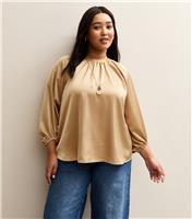 Women's Plus Size Gold Satin Crew Neck Blouse Curves New Look