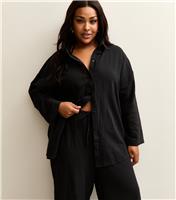 Women's Plus Size Black Long Sleeve Cotton Slub Beach Shirt Curves New Look