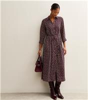 Women's Burgundy Patterned Belted Shirt Dress New Look