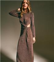 Women's Dark Brown Side Knot Ruched Long Sleeve Midi Dress New Look