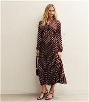 Women's Maternity Brown Polka Dot Satin Pleated Midi Dress New Look