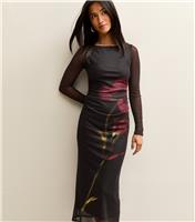 Women's Petite Black Flower Ruched Mesh Midi Dress New Look