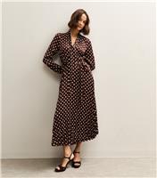 Women's Dark Brown Polka Dot Pleated Long Sleeve Midi Dress New Look