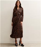 Women's Dark Brown Animal Print Pleated Long Sleeve Midi Dress New Look