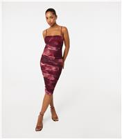 Women's Burgundy Smoke Print Mesh Midi Dress Pink Vanilla New Look