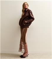 Women's Brown Satin Lace Trim Asymmetric Bias Cut Maxi Skirt New Look