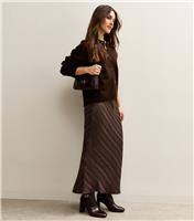 Women's Petite Dark Brown Striped Satin Bias Cut Midi Skirt New Look