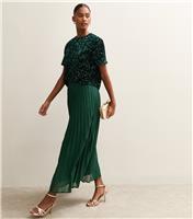 Women's Dark Green Chiffon Pleated Midi Skirt New Look
