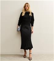 Women's Black Striped Satin Bias Cut Midi Skirt New Look