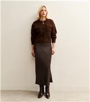 Women's Dark Brown Striped Satin Bias Cut Midi Skirt New Look