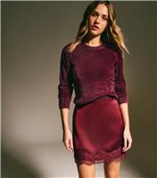 Women's Dark Burgundy Satin Lace Hem Mini Skirt New Look