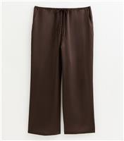Women's Plus Size Dark Brown Satin Drawstring Wide Leg Trousers Curves New Look