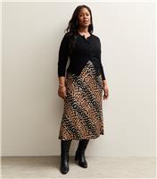 Women's Plus Size Black Spot Print Satin Bias Cut Midi Skirt Curves New Look